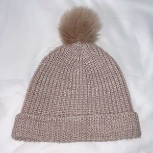 Ann Taylor mauve white knit hat with faux fur Pom Pom 3 for $20